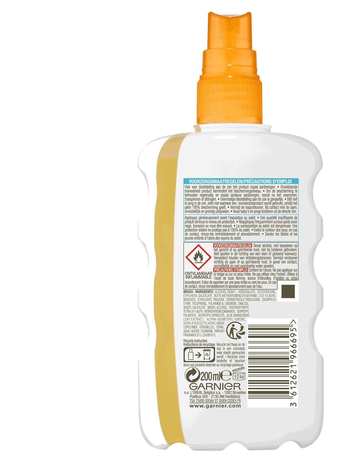 Achterkant verpakking Clear Protect Transparante spray SPF 20
